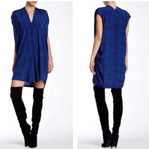 Vince Double V-Neck Silk Cobalt Blue Coastal Combo Print Dress | Small - Picture 2 of 10